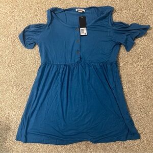 1104. NWT - Times Two Maternity Blue T-Shirt With Open Shoulders